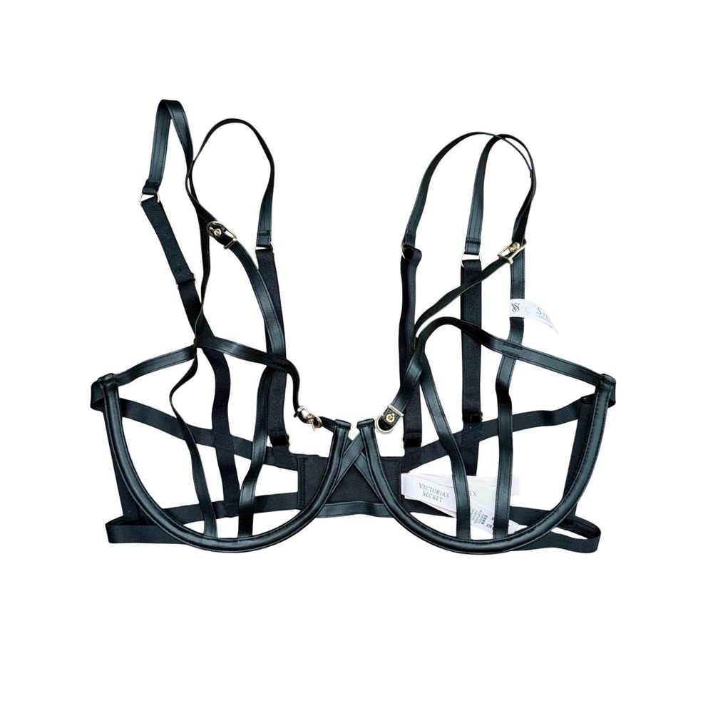 Victorias Secret Very Sexy Black Faux Leather Strappy Cage Bra L Goth Party